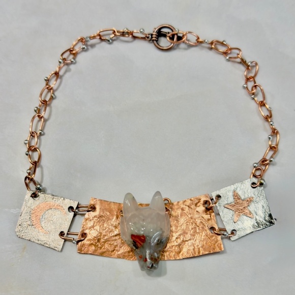 Handcrafted Bloodstone Wolf Necklace Upcycled Copper & Silver Statement Jewelry - Picture 12 of 15